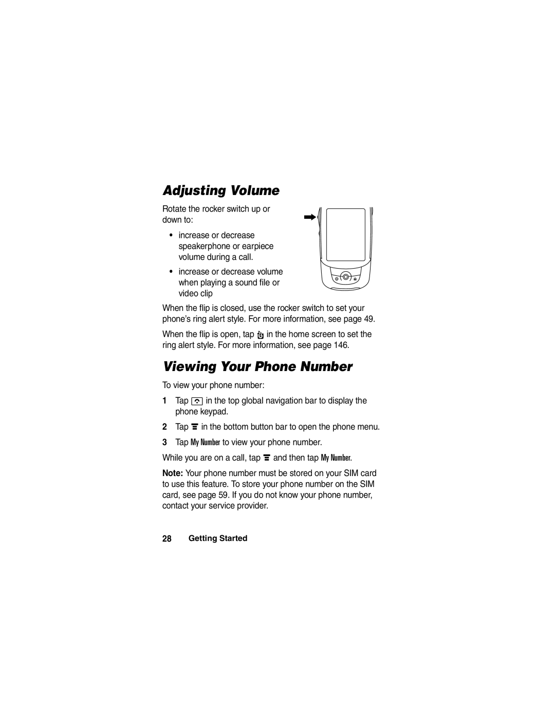 Motorola A780 manual Adjusting Volume, Viewing Your Phone Number, Rotate the rocker switch up or down to 