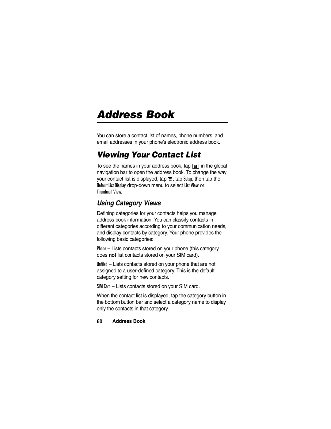 Motorola A780 manual Address Book, Viewing Your Contact List, Using Category Views 