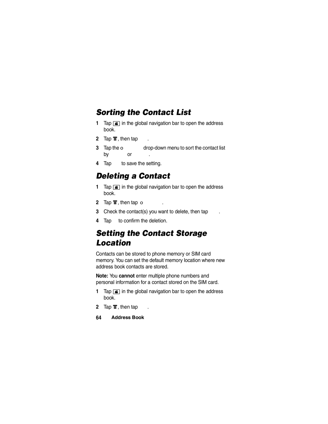 Motorola A780 manual Sorting the Contact List, Deleting a Contact, Setting the Contact Storage Location 