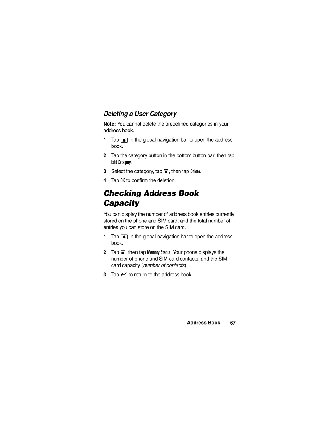 Motorola A780 manual Checking Address Book Capacity, Deleting a User Category, Tap ó to return to the address book 