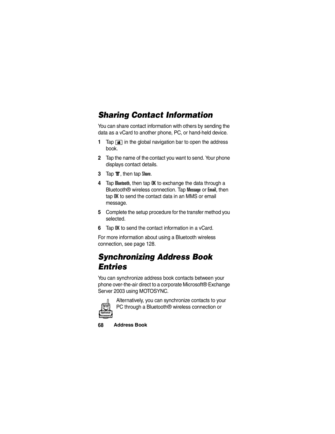 Motorola A780 manual Sharing Contact Information, Synchronizing Address Book Entries 