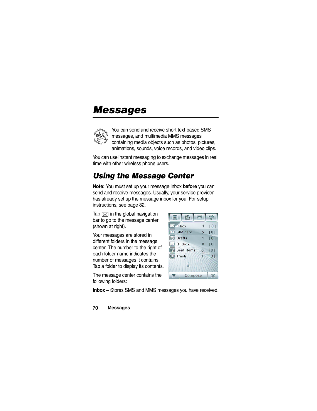 Motorola A780 manual Messages, Using the Message Center, Message center contains the following folders 