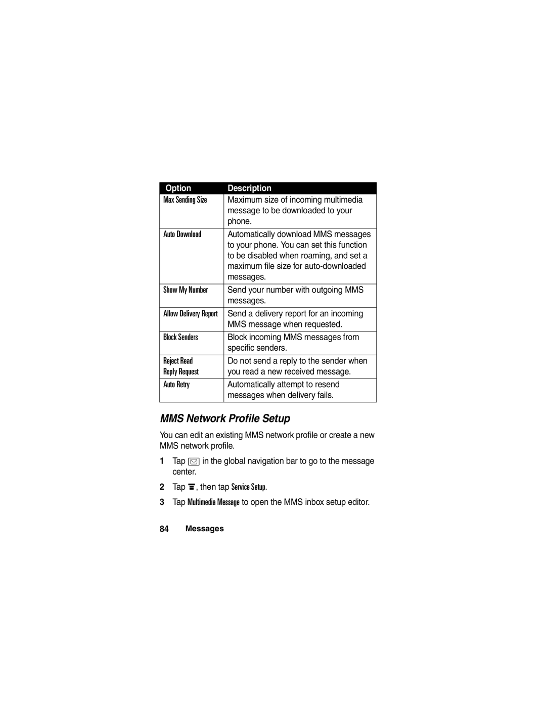 Motorola A780 manual MMS Network Profile Setup 