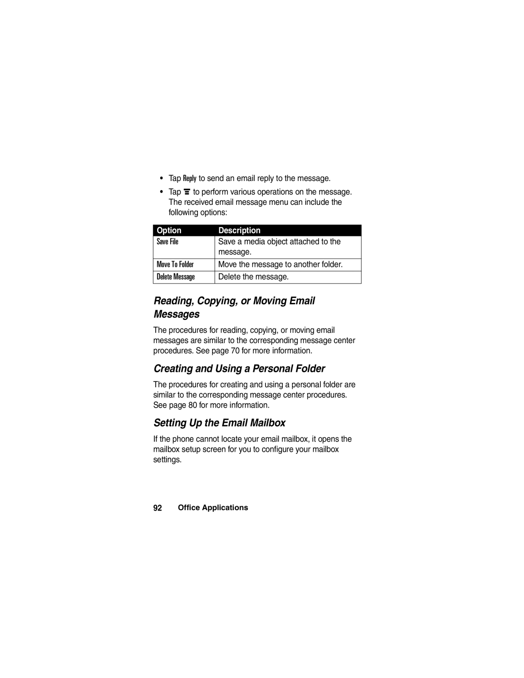 Motorola A780 manual Reading, Copying, or Moving Email Messages, Creating and Using a Personal Folder 