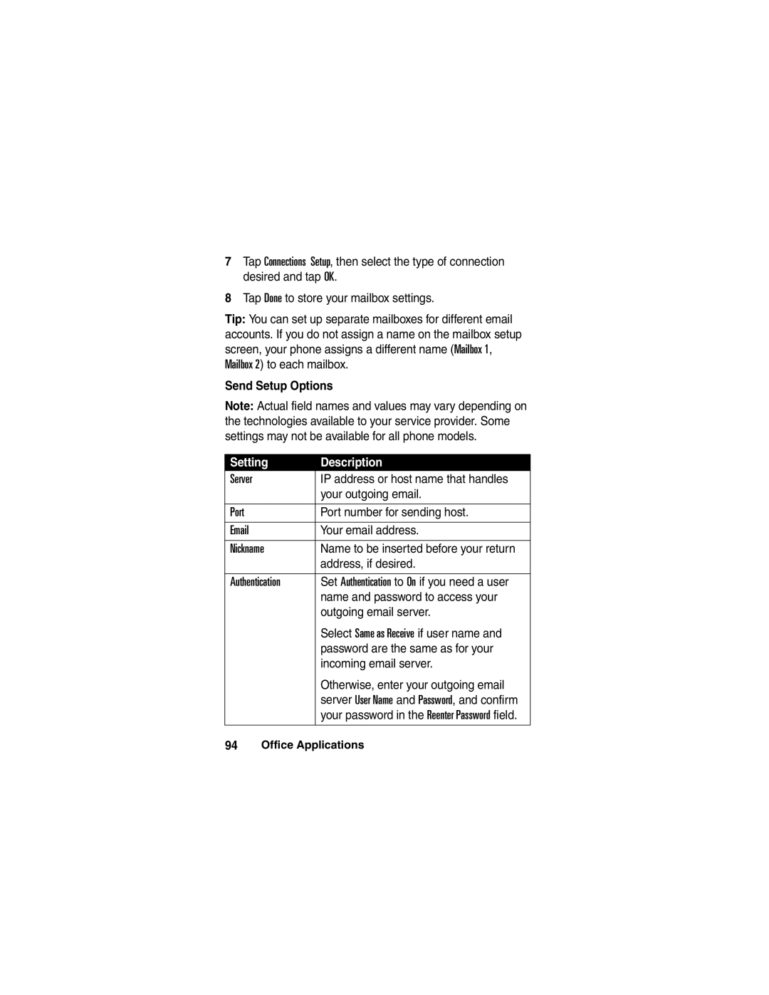 Motorola A780 manual Send Setup Options 