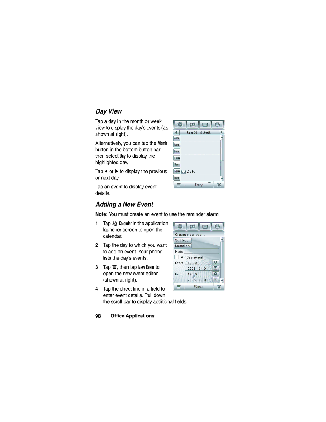 Motorola A780 manual Tap the direct line in a field to, Enter event details. Pull down 