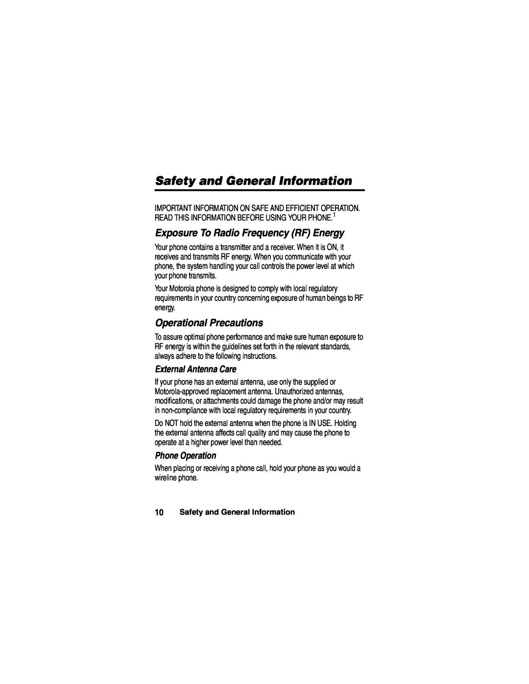 Motorola A780 manual Safety and General Information, Exposure To Radio Frequency RF Energy, Operational Precautions 
