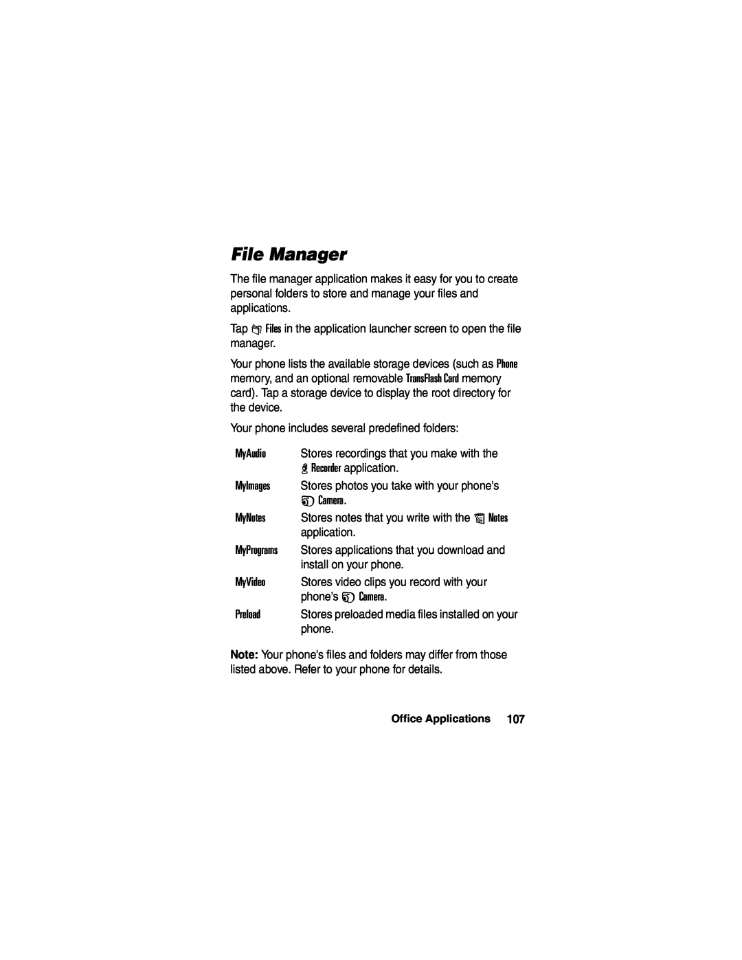Motorola A780 manual File Manager, MyAudio, MyImages, F Camera, MyNotes, MyVideo, Preload 