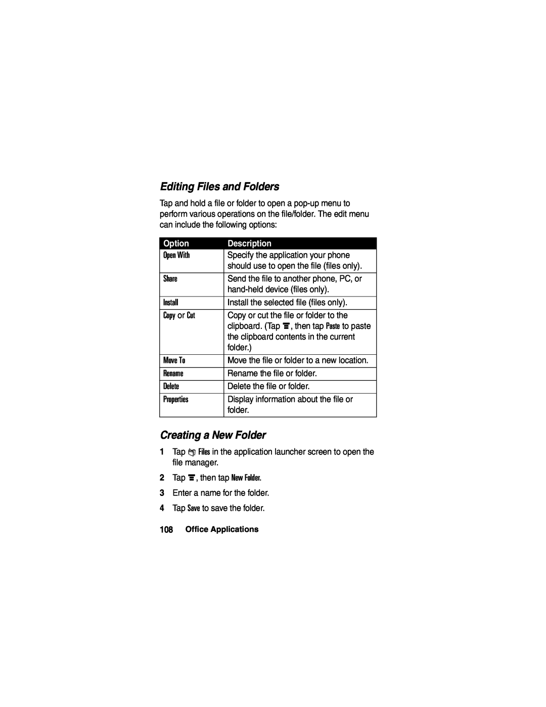 Motorola A780 manual Editing Files and Folders, Creating a New Folder, Option, Description, Office Applications 