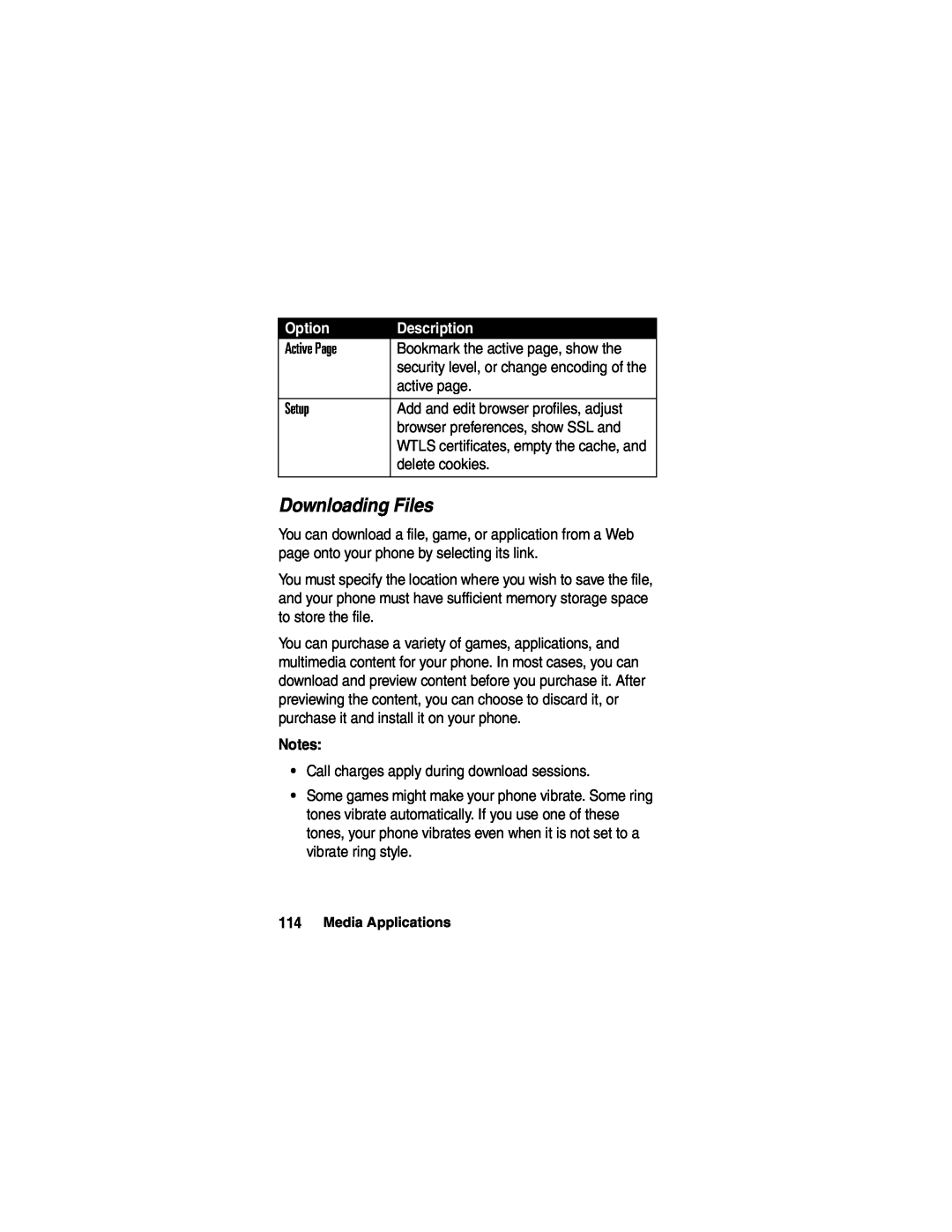 Motorola A780 manual Downloading Files, Option, Description 