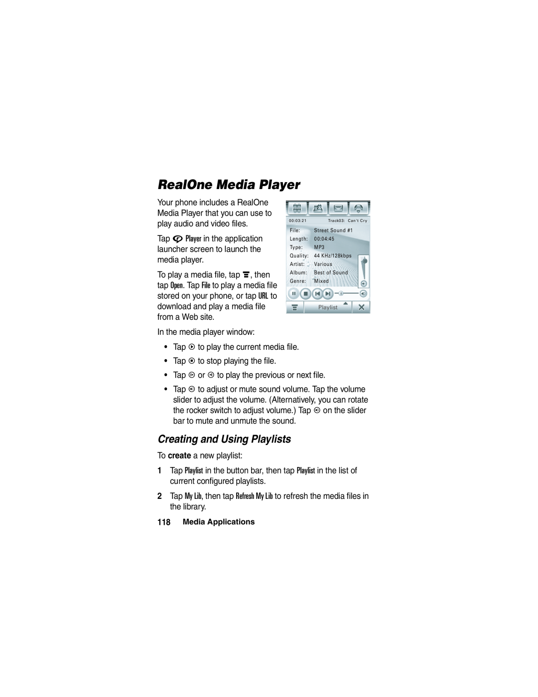 Motorola A780 manual RealOne Media Player, Creating and Using Playlists 