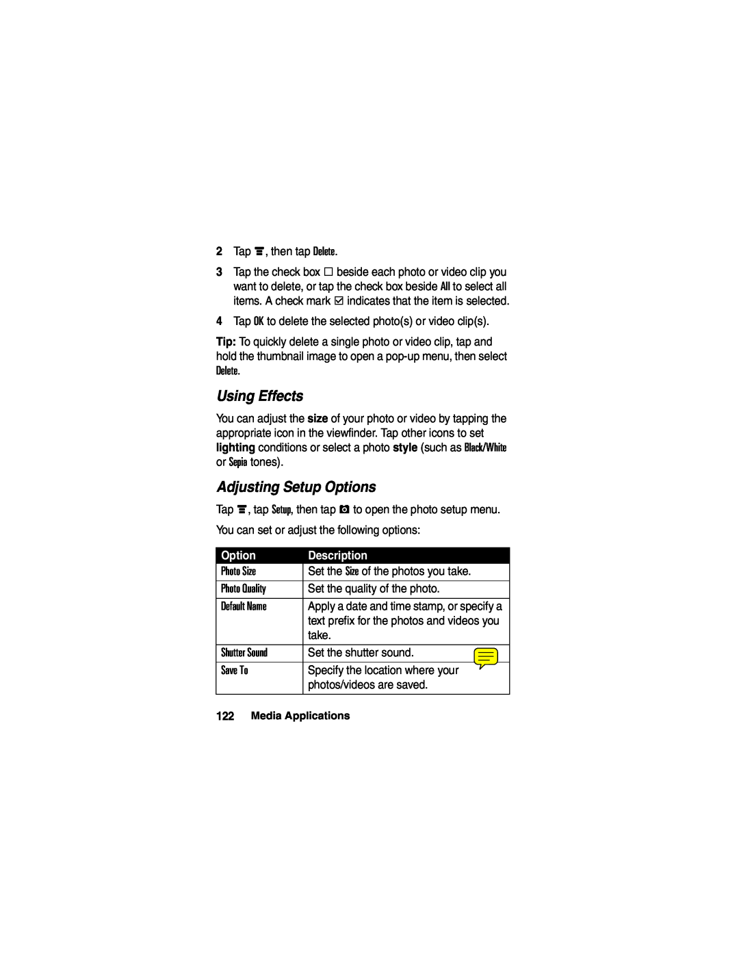 Motorola A780 manual Using Effects, Adjusting Setup Options, Description 