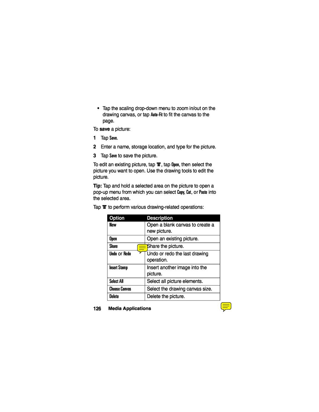 Motorola A780 manual To save a picture 1 Tap Save, Option, Description 