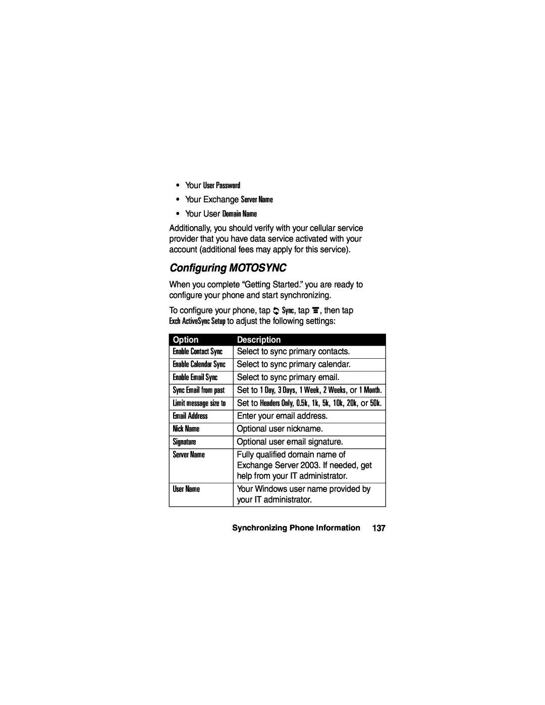 Motorola A780 manual Configuring MOTOSYNC, Option, Description 