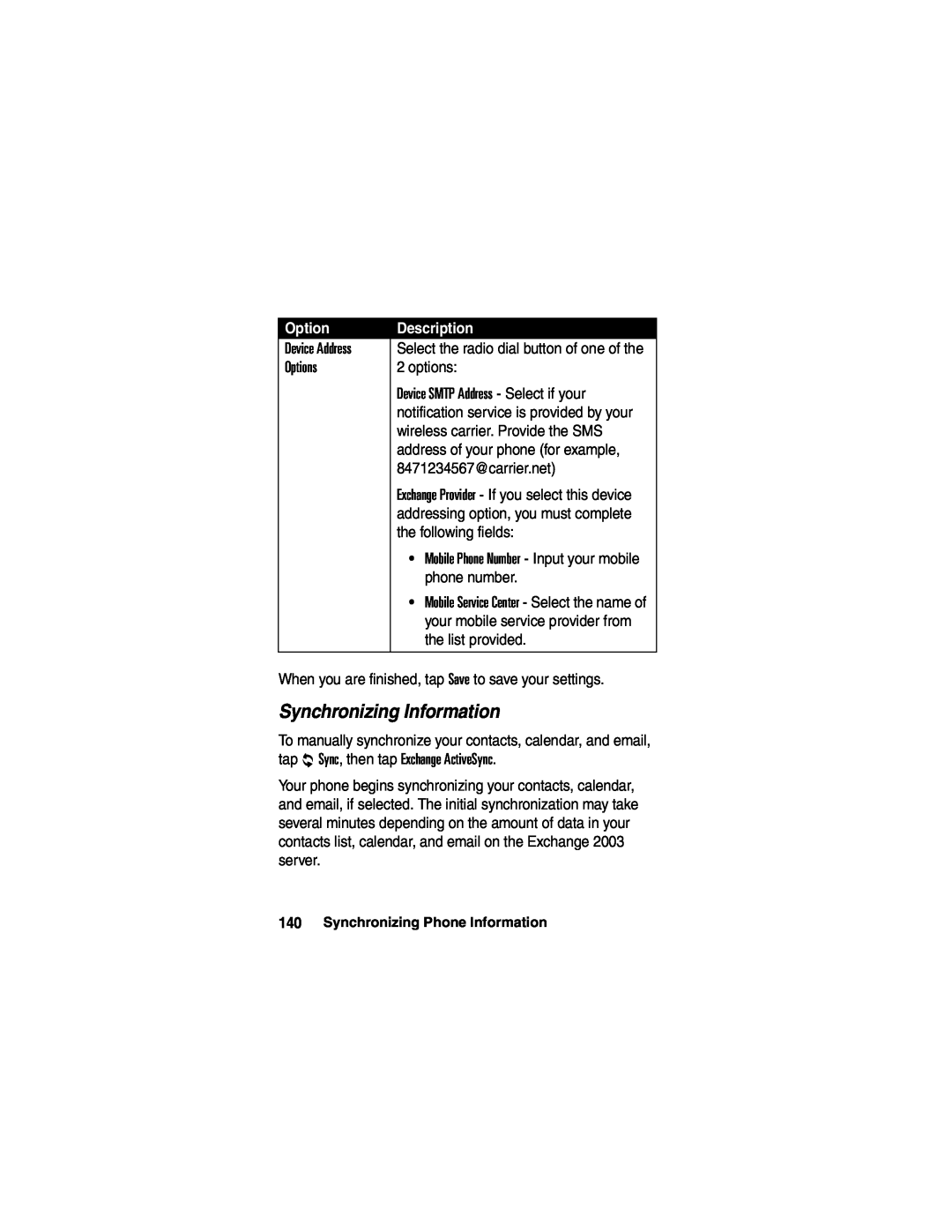 Motorola A780 manual Synchronizing Information, Option, Description 