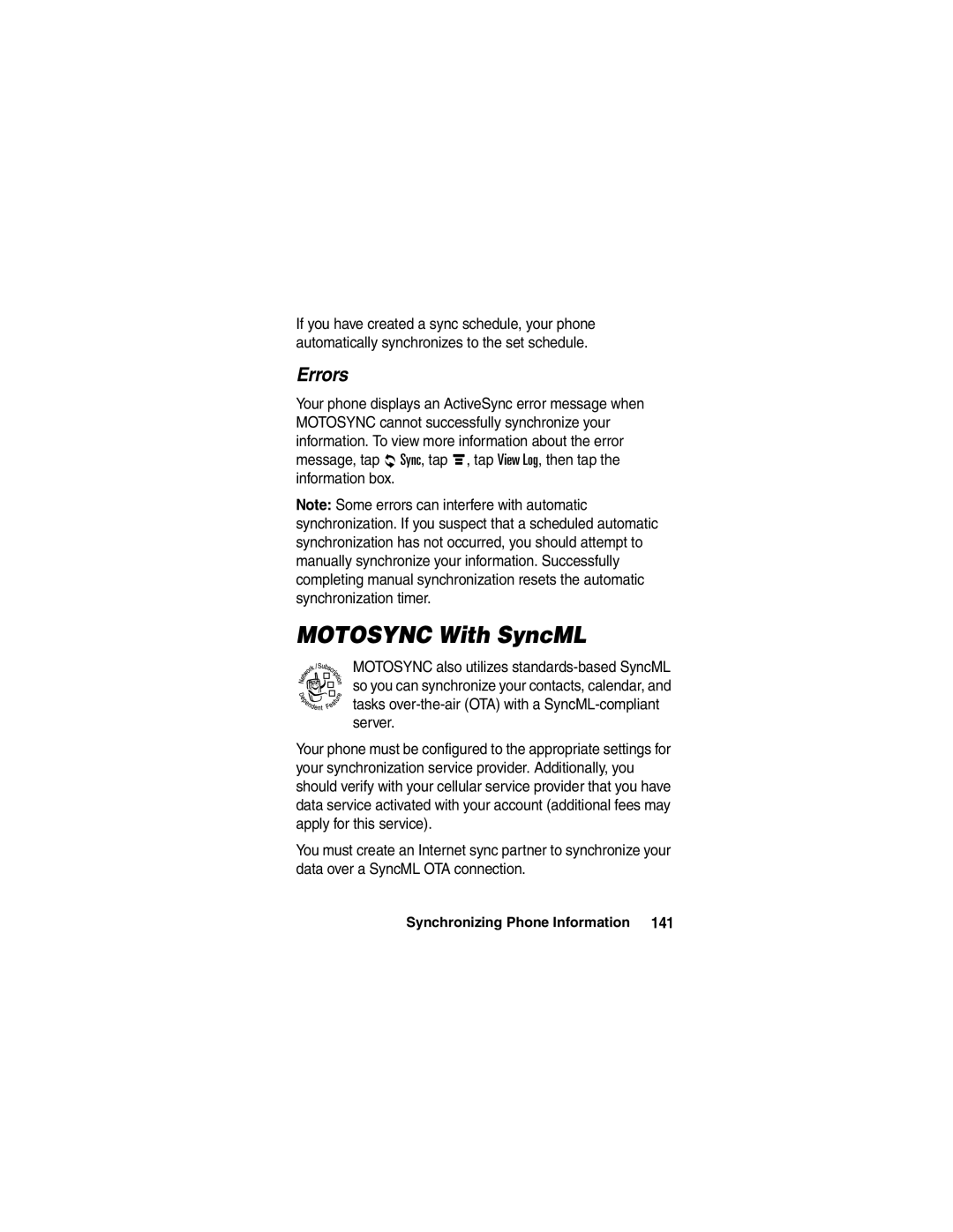 Motorola A780 manual MOTOSYNC With SyncML, Errors 