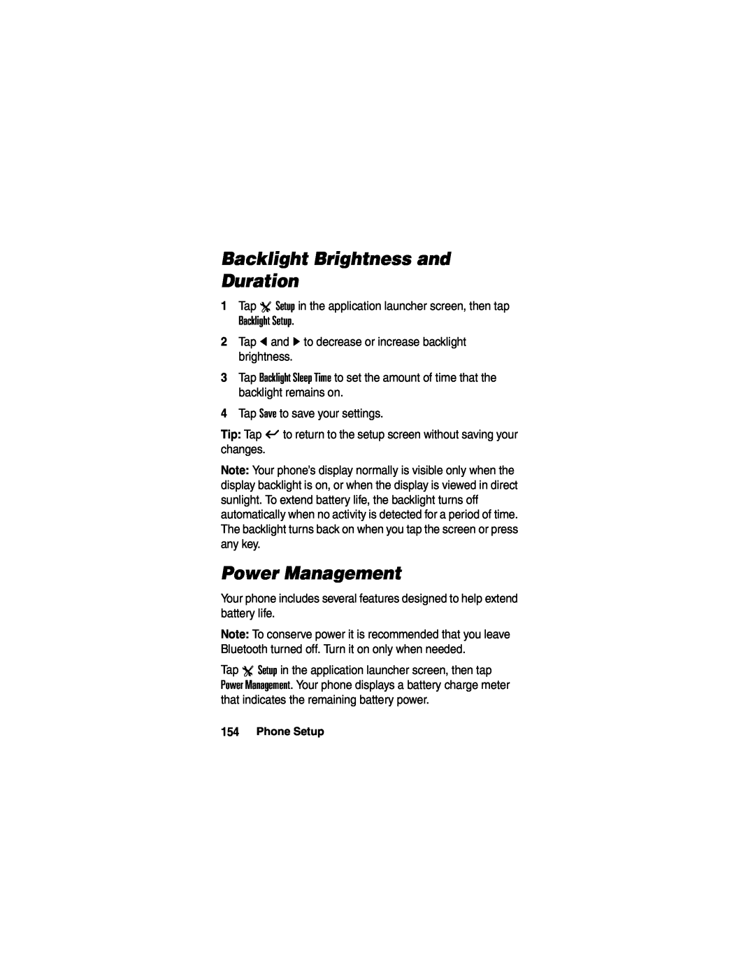 Motorola A780 manual Backlight Brightness and Duration, Power Management, Backlight Setup 