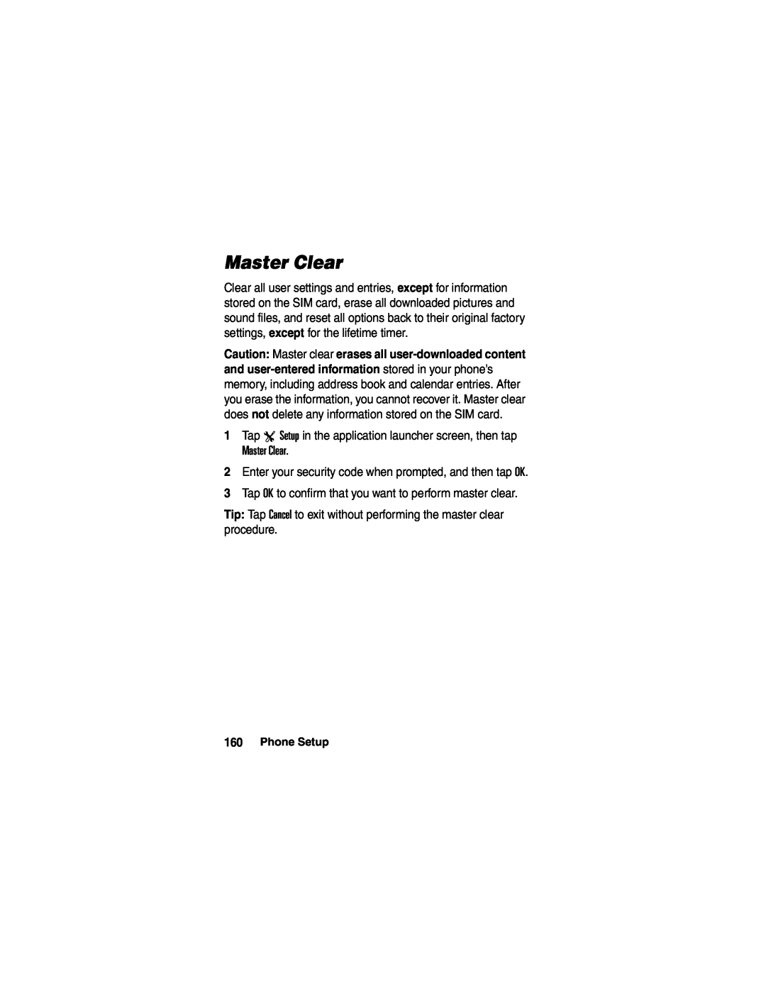 Motorola A780 manual Master Clear 