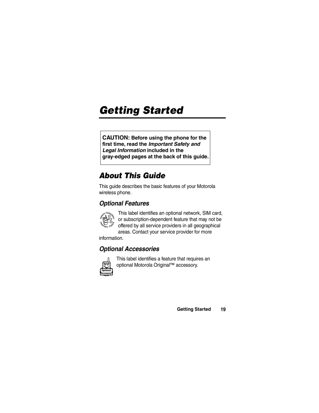 Motorola A780 manual Getting Started, About This Guide, Optional Features, Optional Accessories, 032259o 