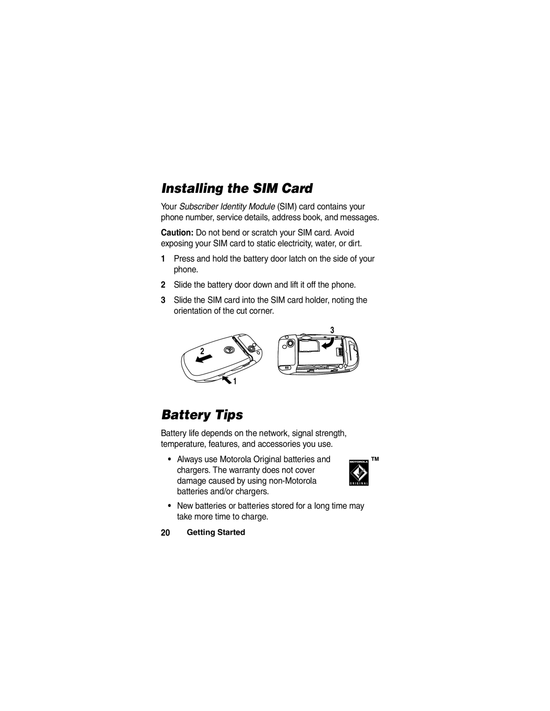 Motorola A780 manual Installing the SIM Card, Battery Tips 
