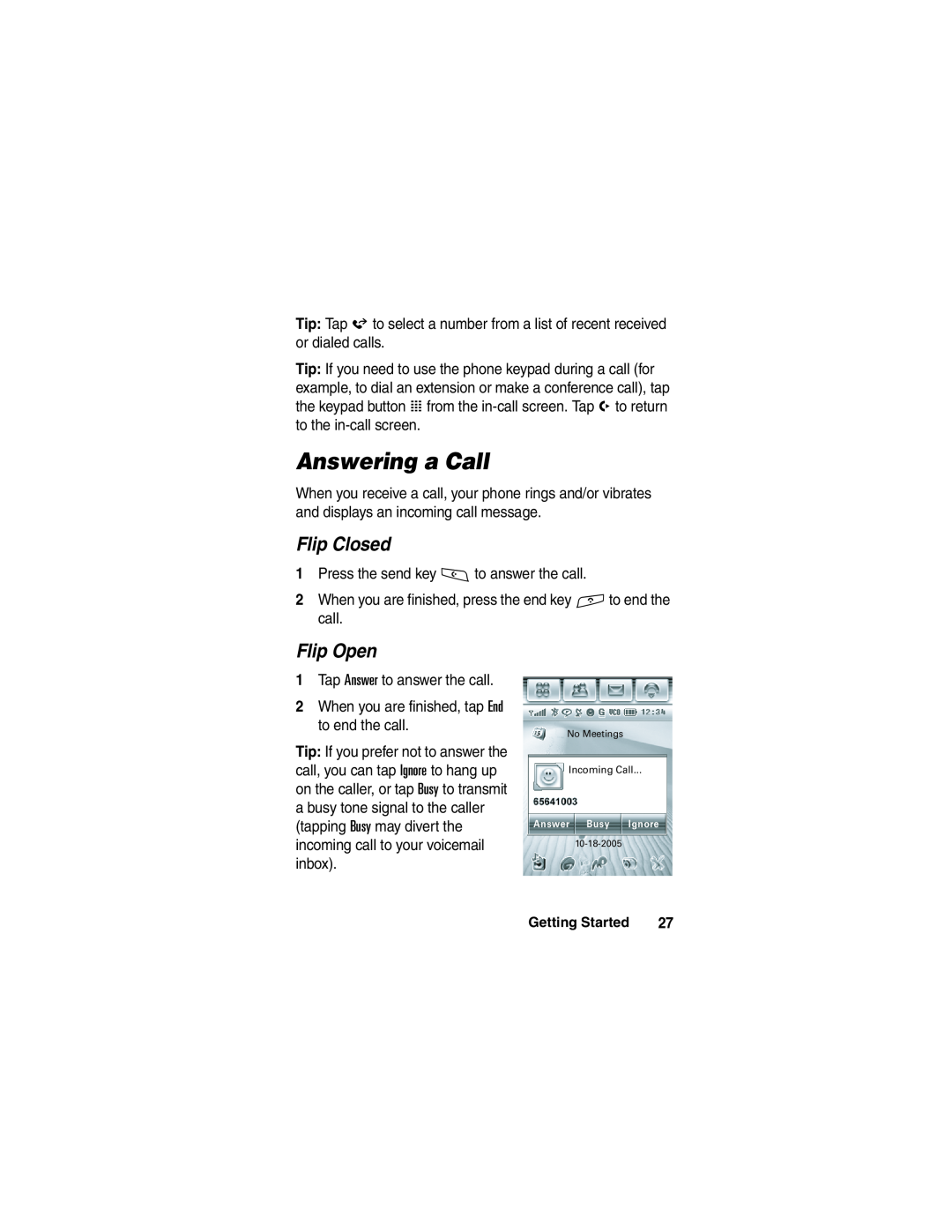 Motorola A780 manual Answering a Call, Flip Closed, Flip Open 