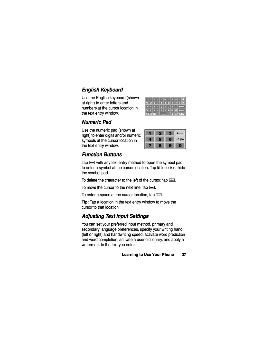 Motorola A780 manual English Keyboard, Numeric Pad, Function Buttons, Adjusting Text Input Settings 
