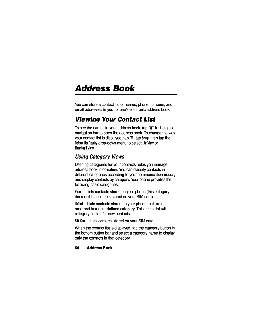 Motorola A780 manual Address Book, Viewing Your Contact List, Using Category Views 