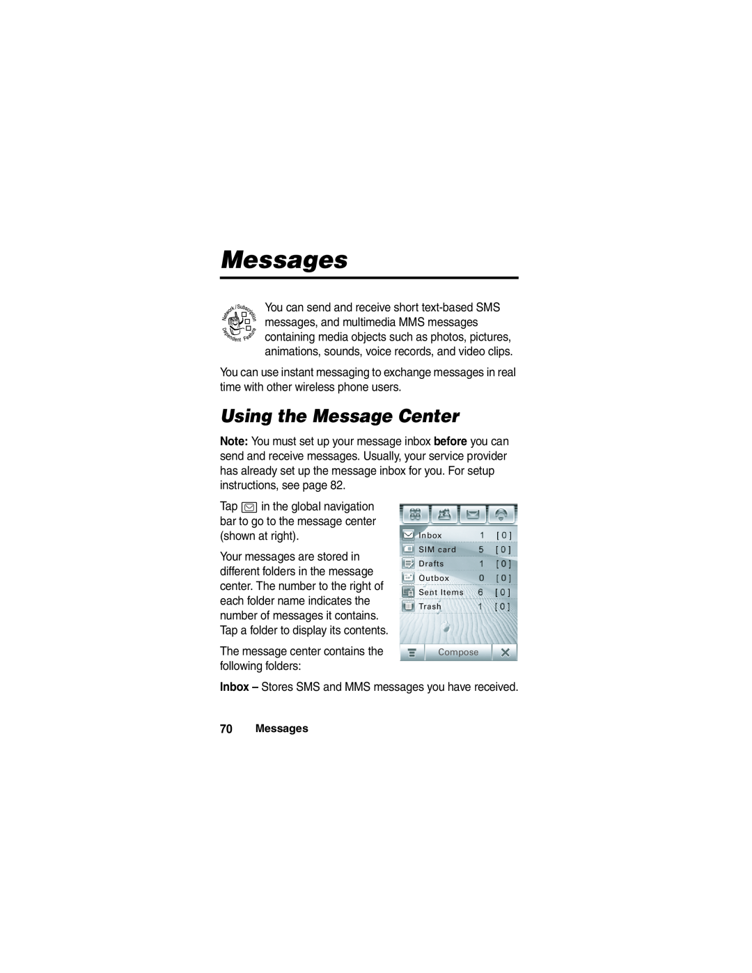 Motorola A780 manual Messages, Using the Message Center 