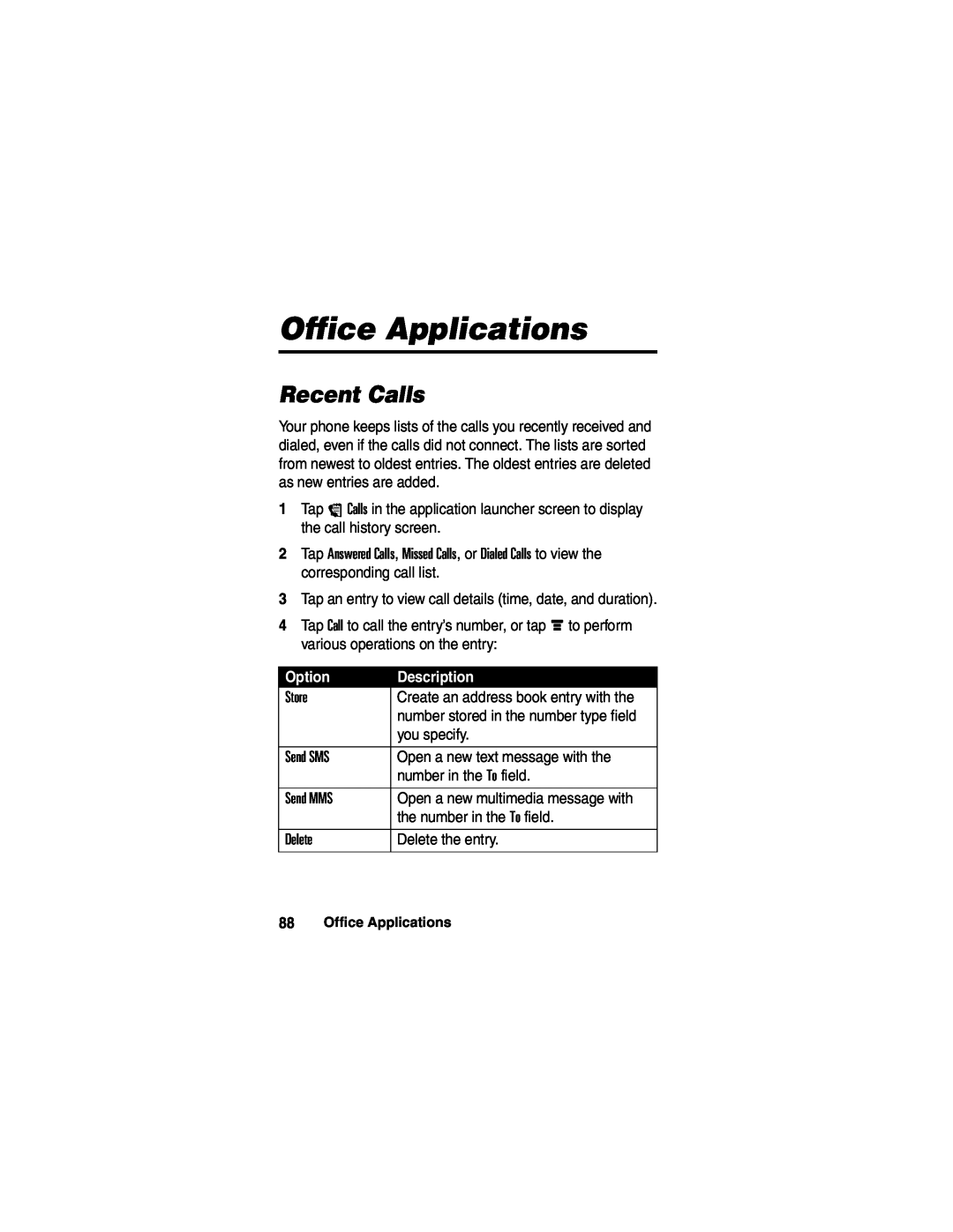 Motorola A780 manual Office Applications, Recent Calls, Option, Description 