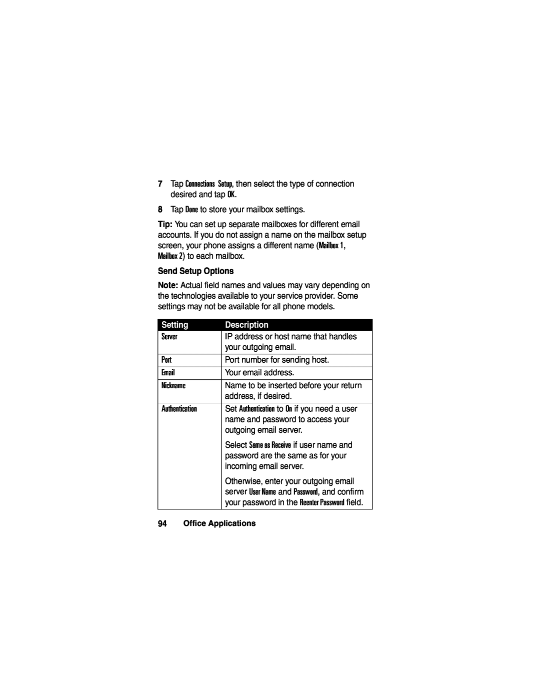 Motorola A780 manual Send Setup Options, Setting, Description 