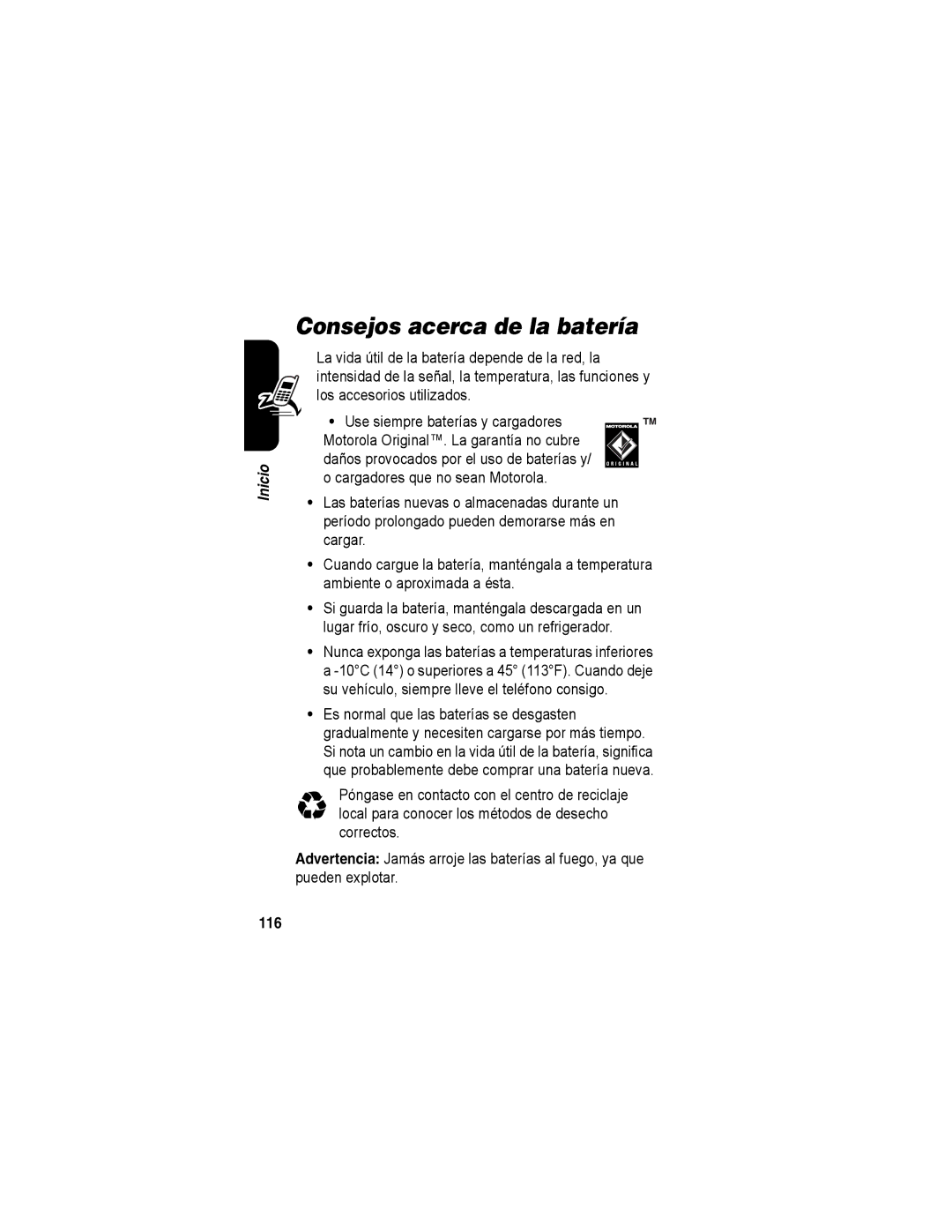 Motorola A840 manual Consejos acerca de la batería, 116 