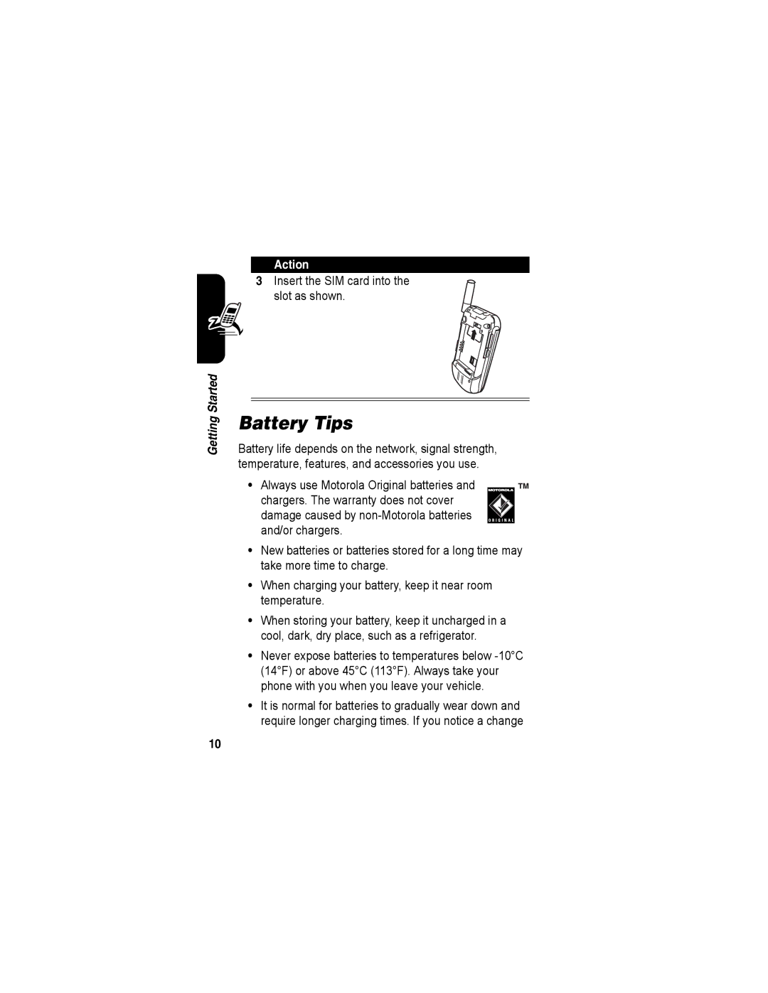 Motorola A840 manual Battery Tips, Insert the SIM card into the slot as shown 