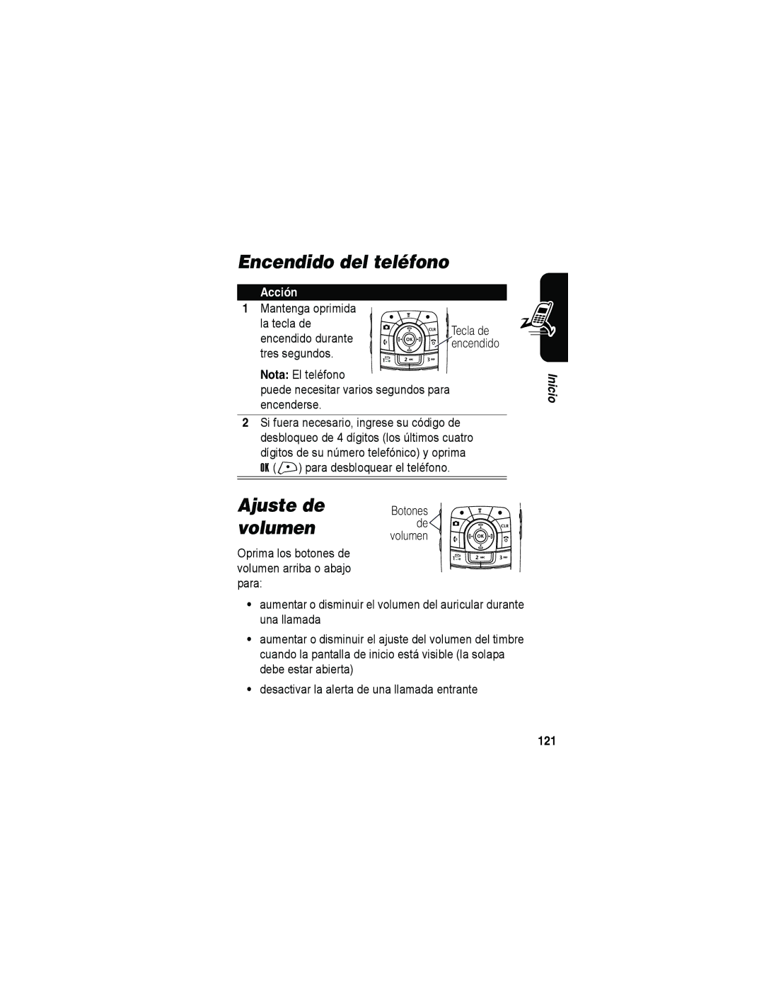 Motorola A840 Encendido del teléfono, Ajuste de, Volumen, Mantenga oprimida La tecla de Tecla de Encendido durante, 121 