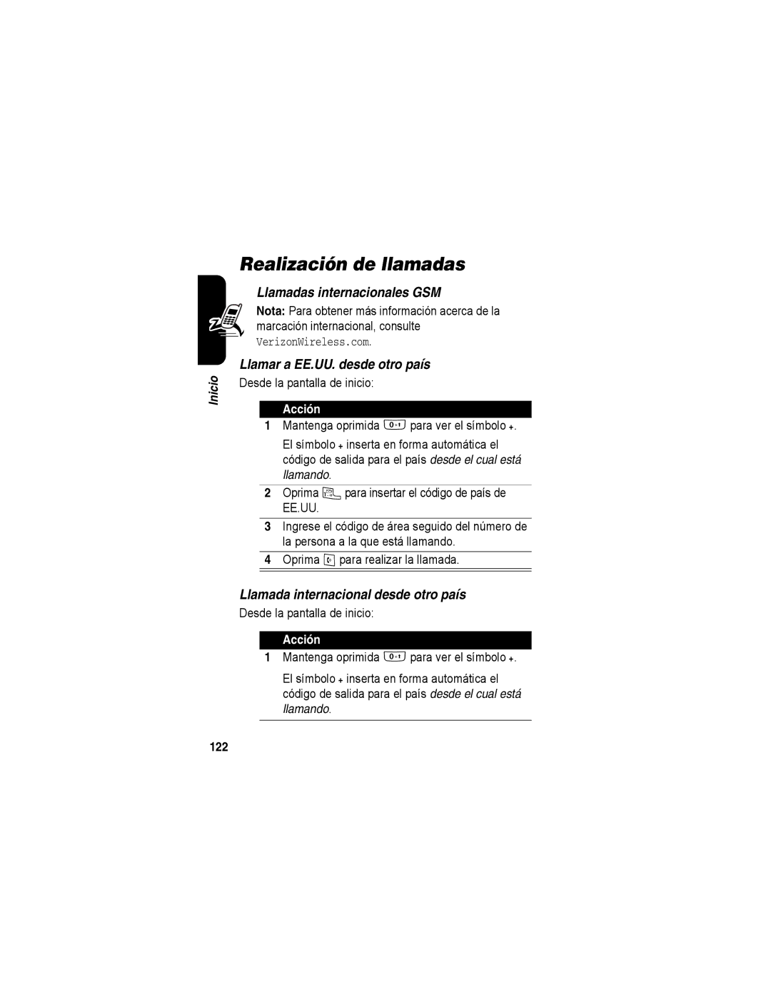 Motorola A840 manual Realización de llamadas, Llamadas internacionales GSM, Llamar a EE.UU. desde otro país, 122 