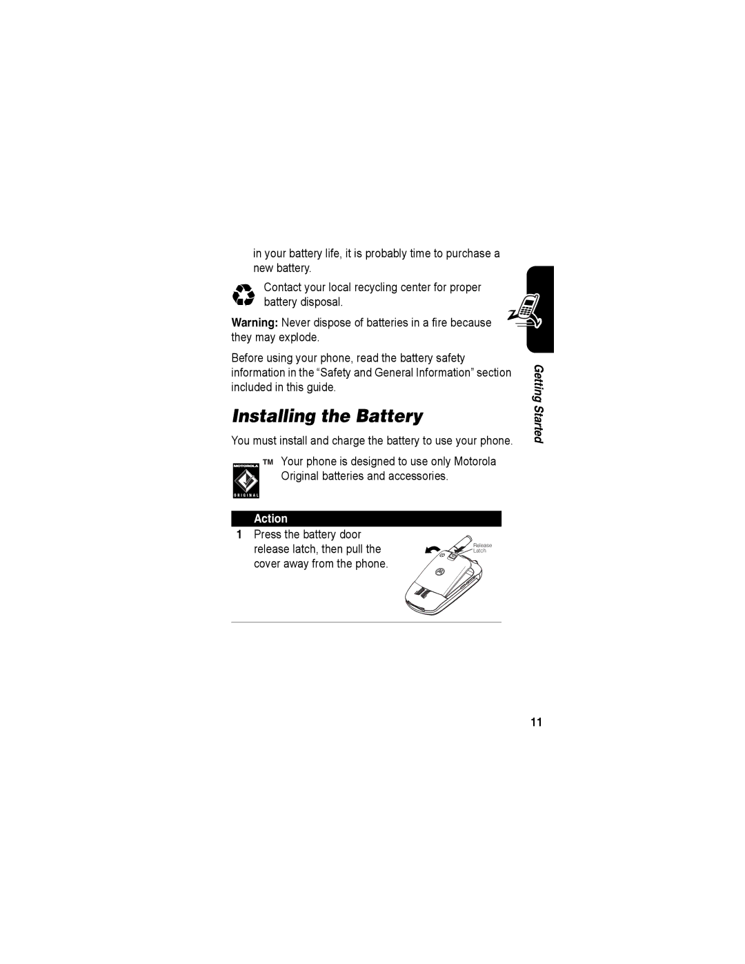 Motorola A840 manual Installing the Battery 