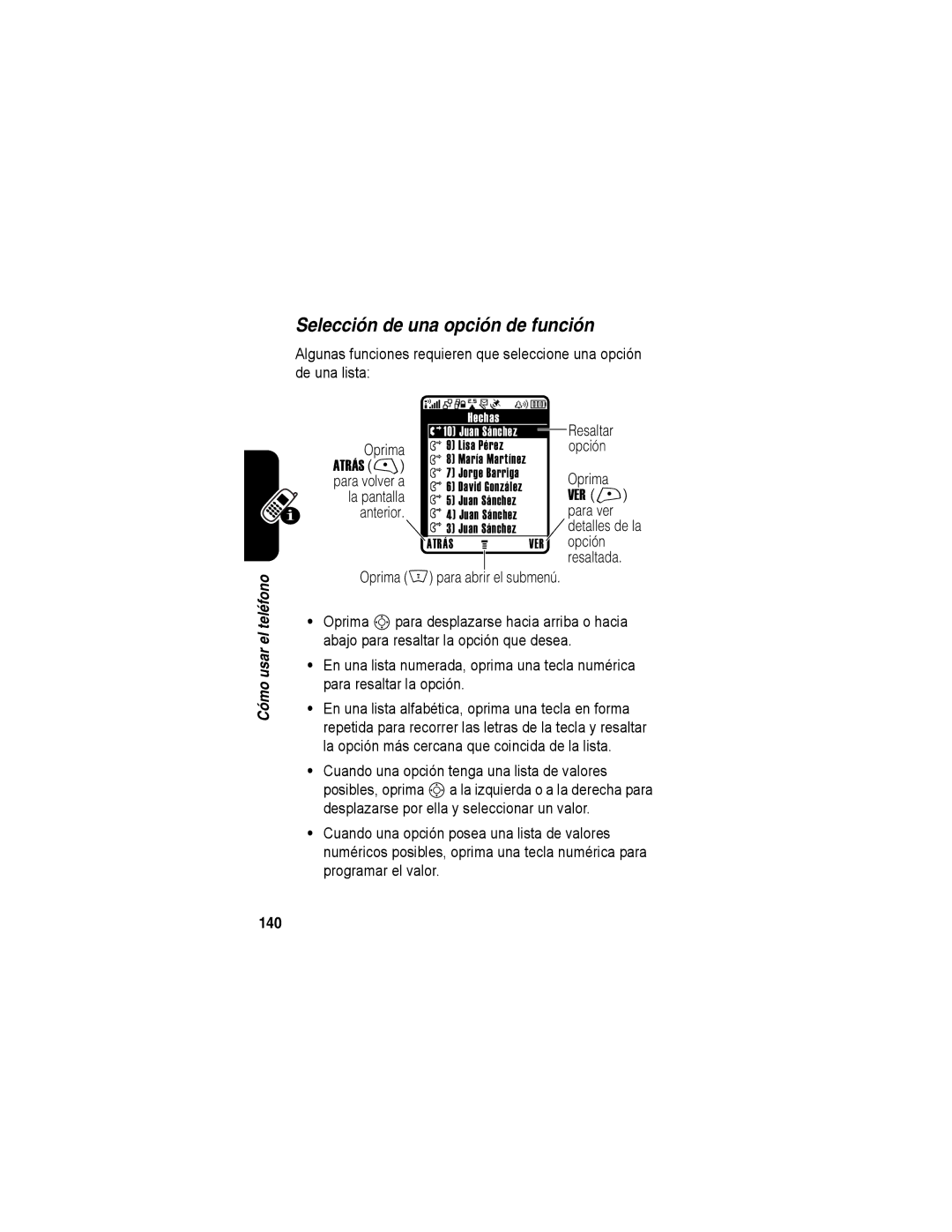 Motorola A840 manual Selección de una opción de función, Atrás, Ver +, 140 