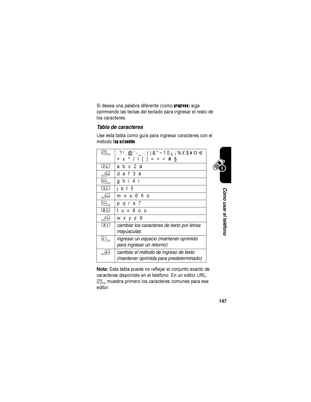 Motorola A840 manual Tabla de caracteres, 147 