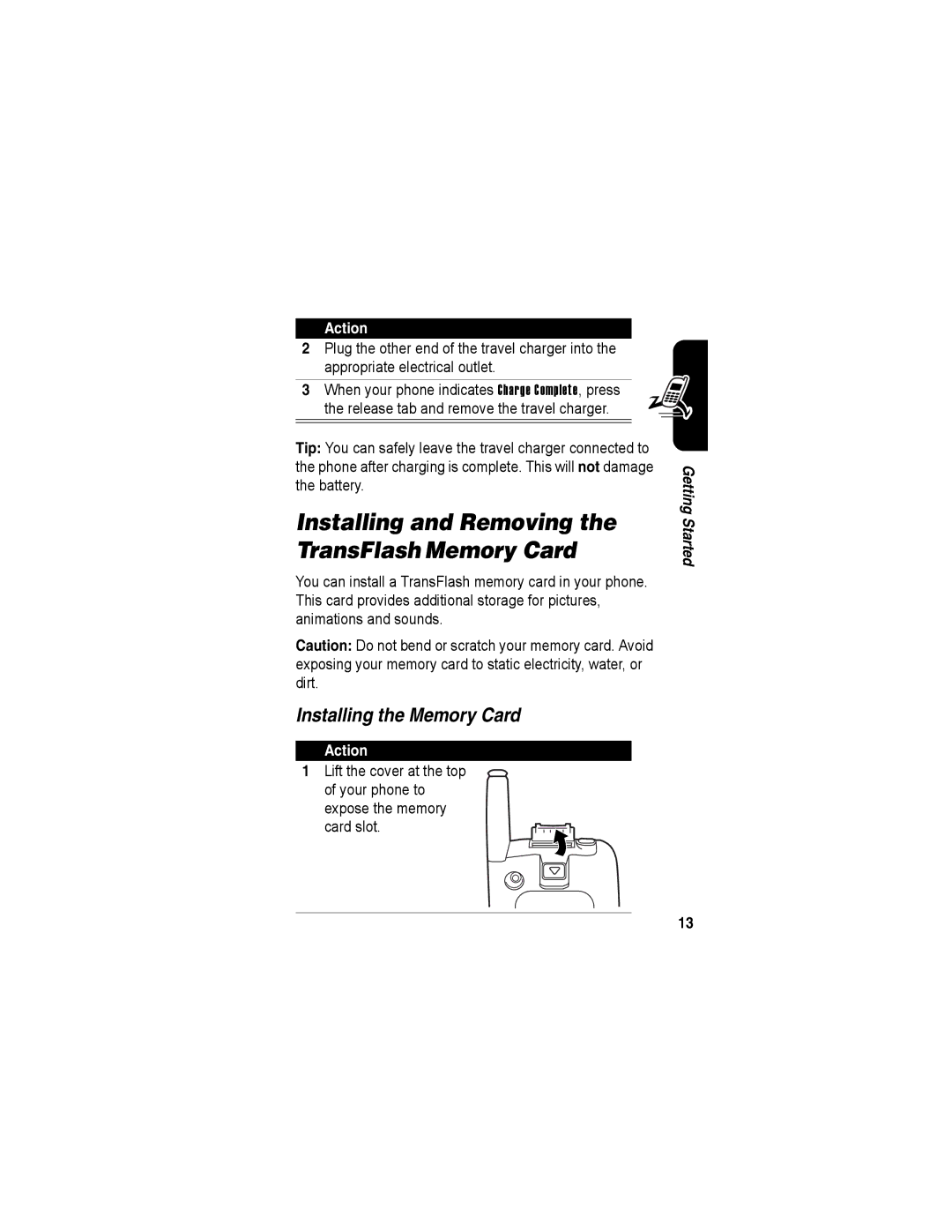 Motorola A840 manual Installing and Removing the TransFlash Memory Card, Installing the Memory Card, Card slot 