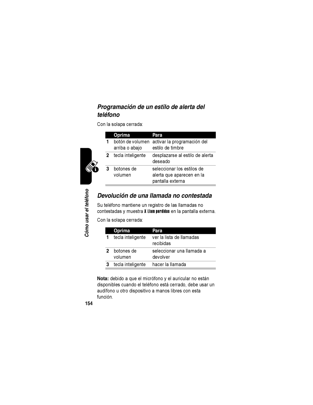 Motorola A840 Programación de un estilo de alerta del teléfono, Devolución de una llamada no contestada, Deseado, 154 