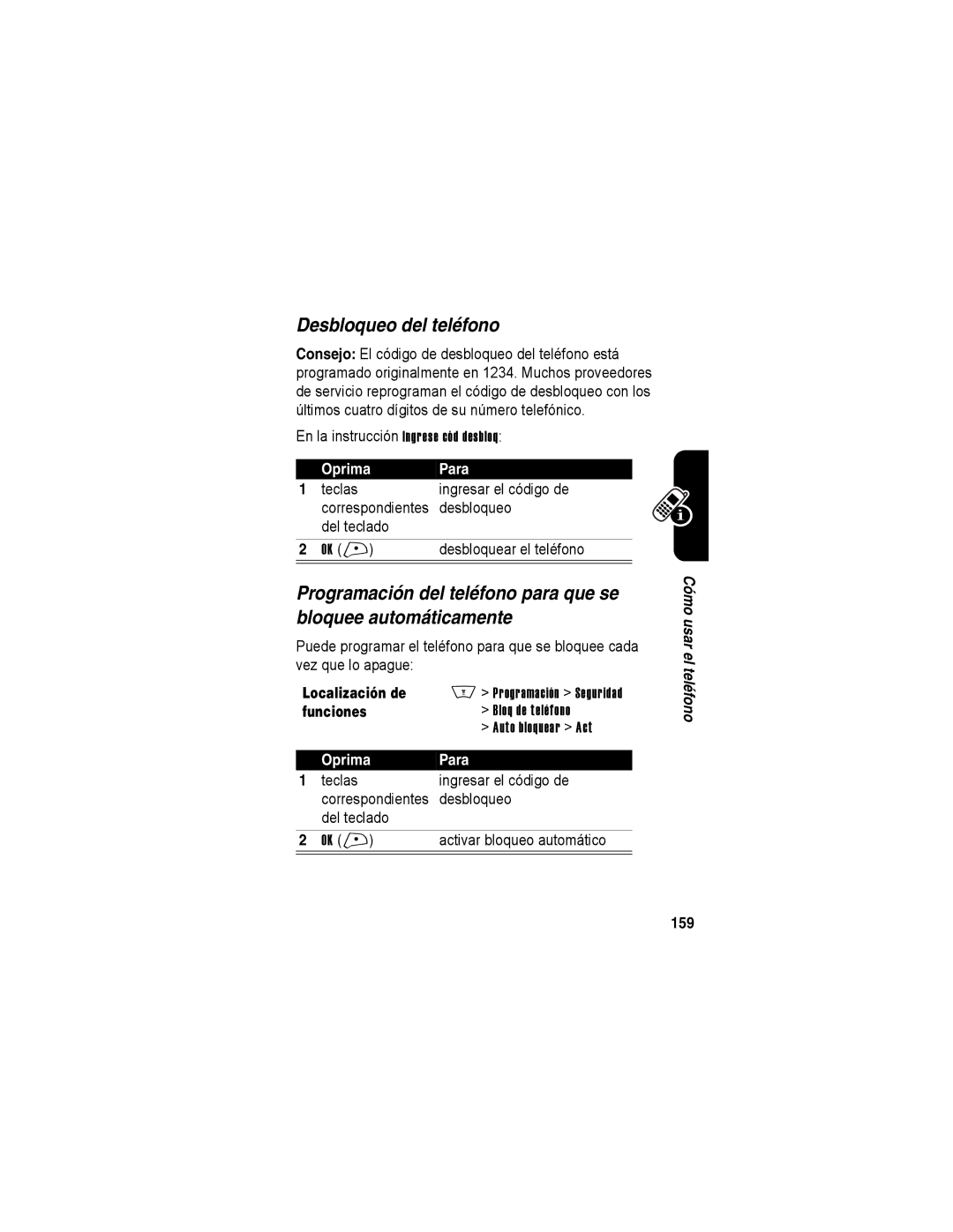 Motorola A840 manual Desbloqueo del teléfono, Bloq de teléfono, Auto bloquear Act, 159 