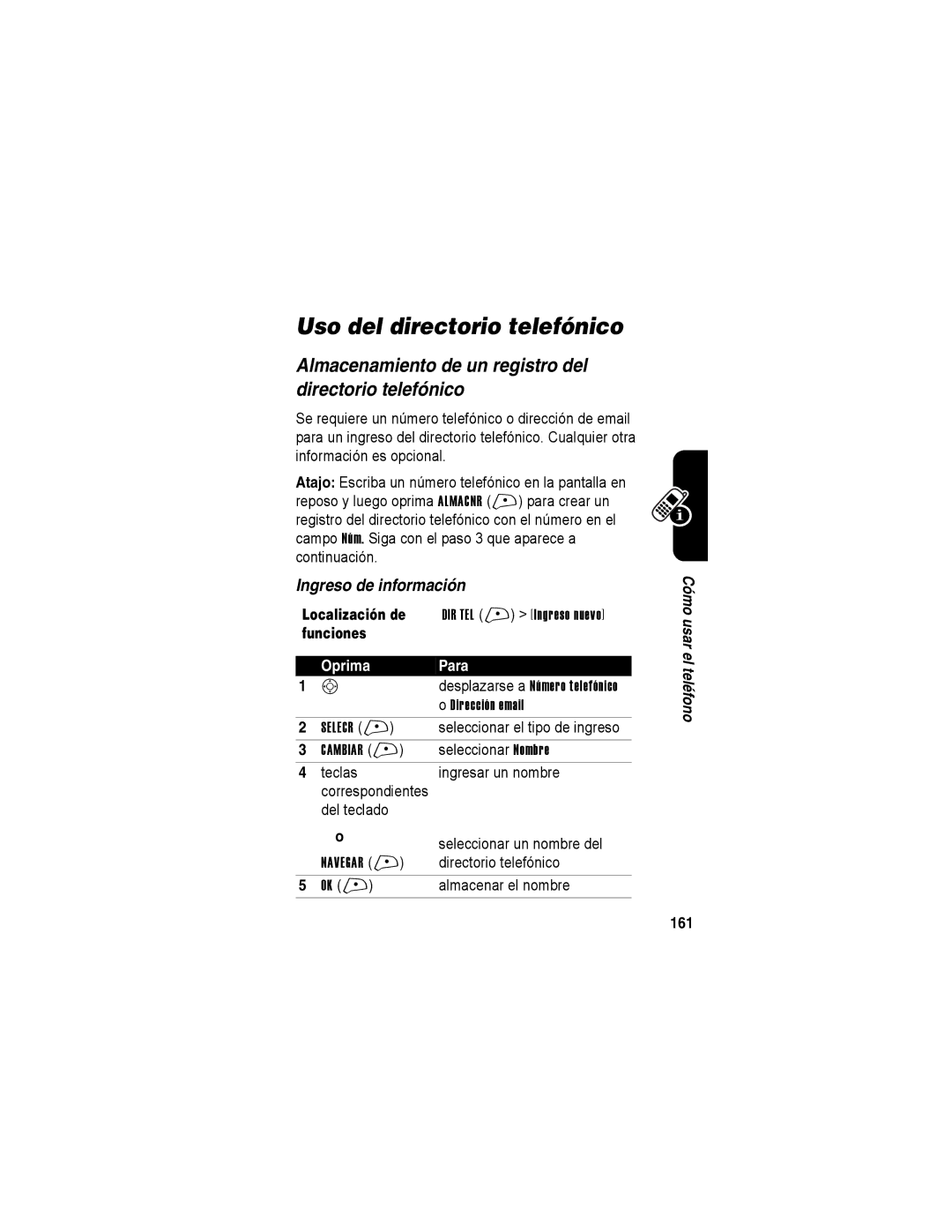 Motorola A840 manual Uso del directorio telefónico, Almacenamiento de un registro del directorio telefónico, 161 