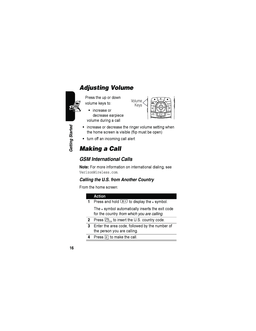 Motorola A840 manual Adjusting Volume, Making a Call, GSM International Calls, Calling the U.S. from Another Country 