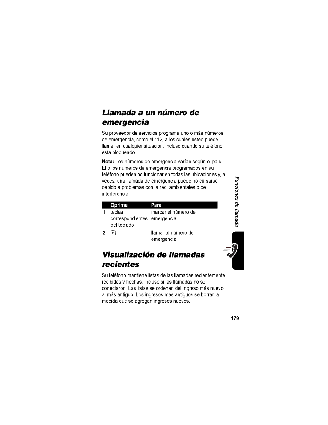 Motorola A840 manual Llamada a un número de emergencia, Visualización de llamadas recientes, 179 