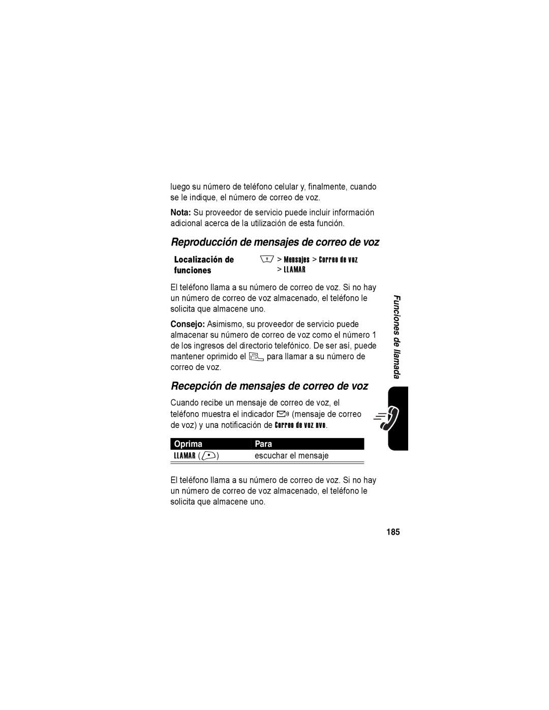 Motorola A840 Recepción de mensajes de correo de voz, Reproducción de mensajes de correo de voz, Mensajes Correo de voz 