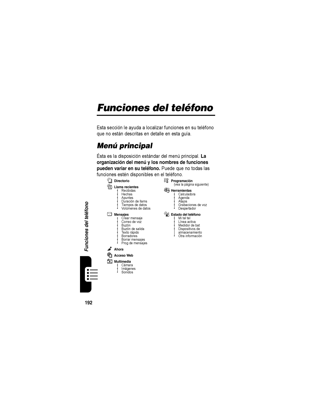 Motorola A840 manual Funciones del teléfono, Menú principal, Ésta es la disposición estándar del menú principal. La, 192 