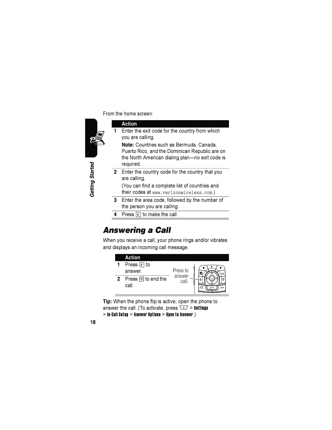 Motorola A840 manual Answering a Call, In-Call Setup Answer Options Open to Answer 