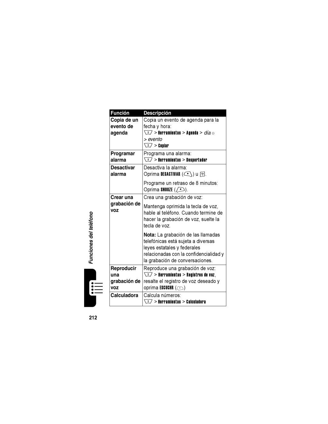 Motorola A840 manual Copia de un, Evento de, Alarma, Desactivar, Crear una, Reproducir, Una, Grabación de, Calculadora, 212 