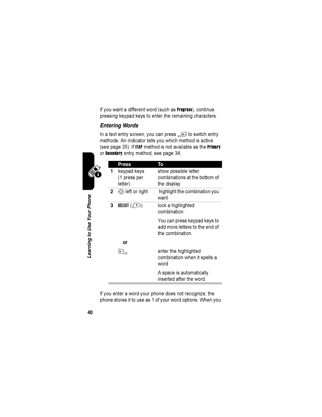 Motorola A840 manual Entering Words 