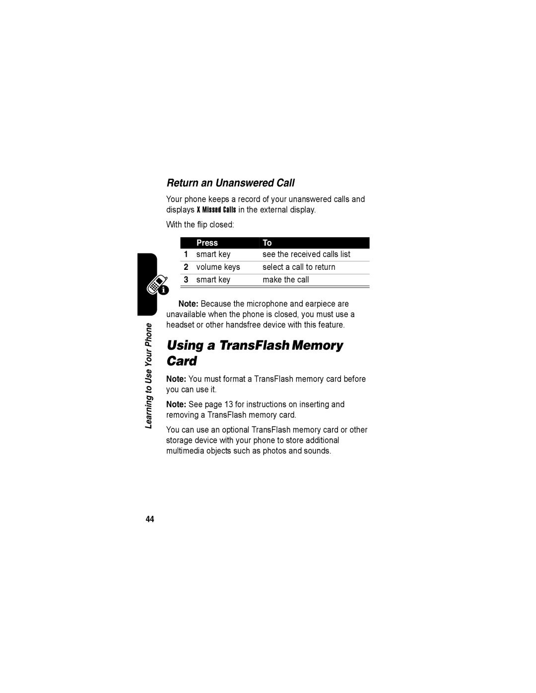 Motorola A840 manual Using a TransFlash Memory Card, Return an Unanswered Call 