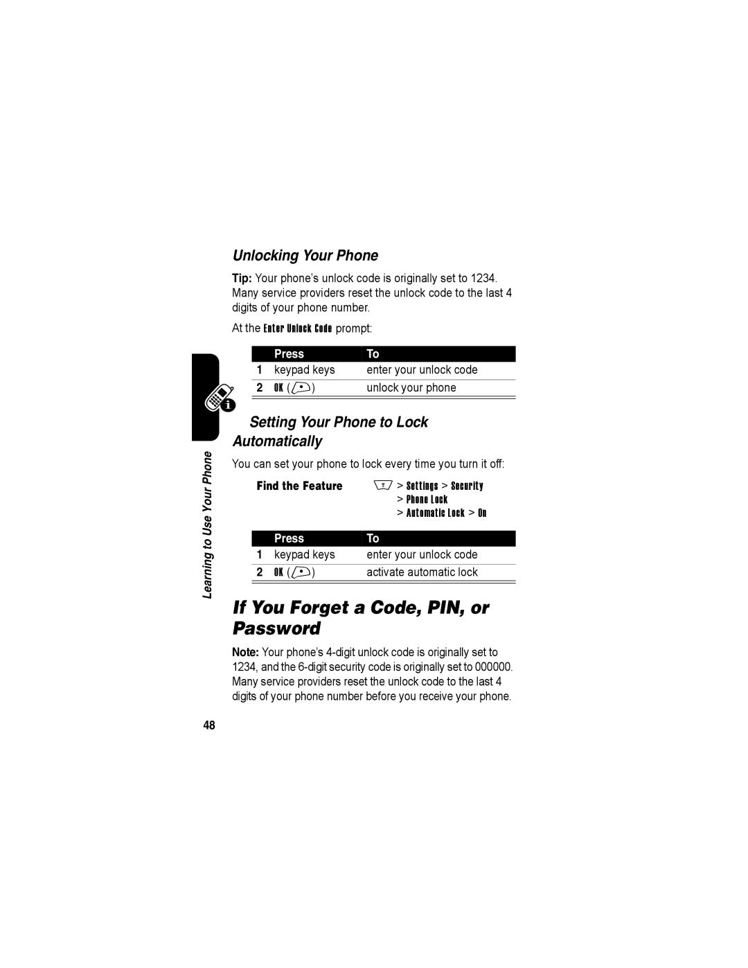 Motorola A840 manual If You Forget a Code, PIN, or Password, Unlocking Your Phone, Setting Your Phone to Lock Automatically 